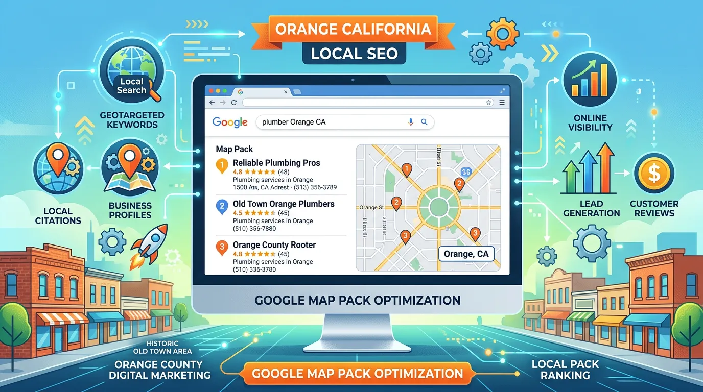City of Orange CA local SEO showing Google search map pack for service businesses in Orange California