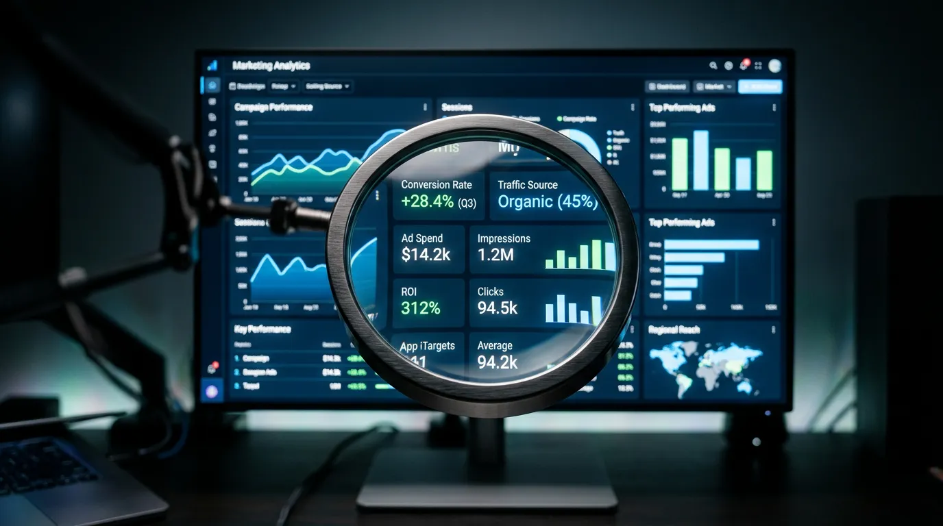 Magnifying glass over glowing analytics dashboard representing data-driven marketing approach