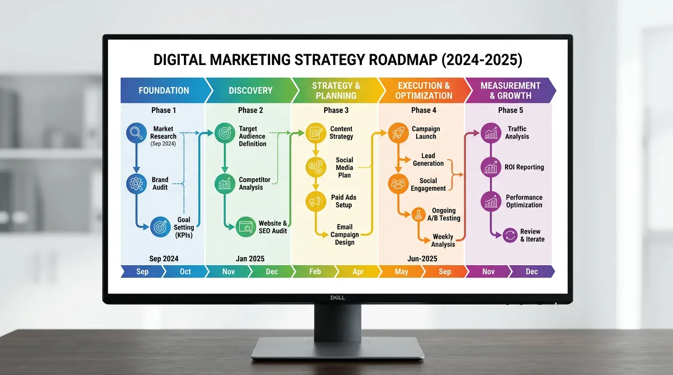 Digital marketing strategy roadmap diagram on a large monitor showing Online Website Marketing approach