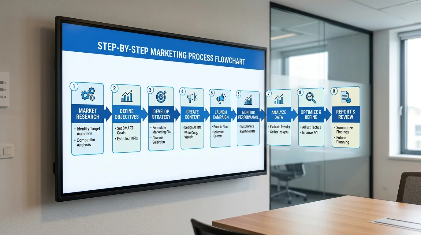 Step-by-step marketing process flowchart showing the Online Website Marketing methodology