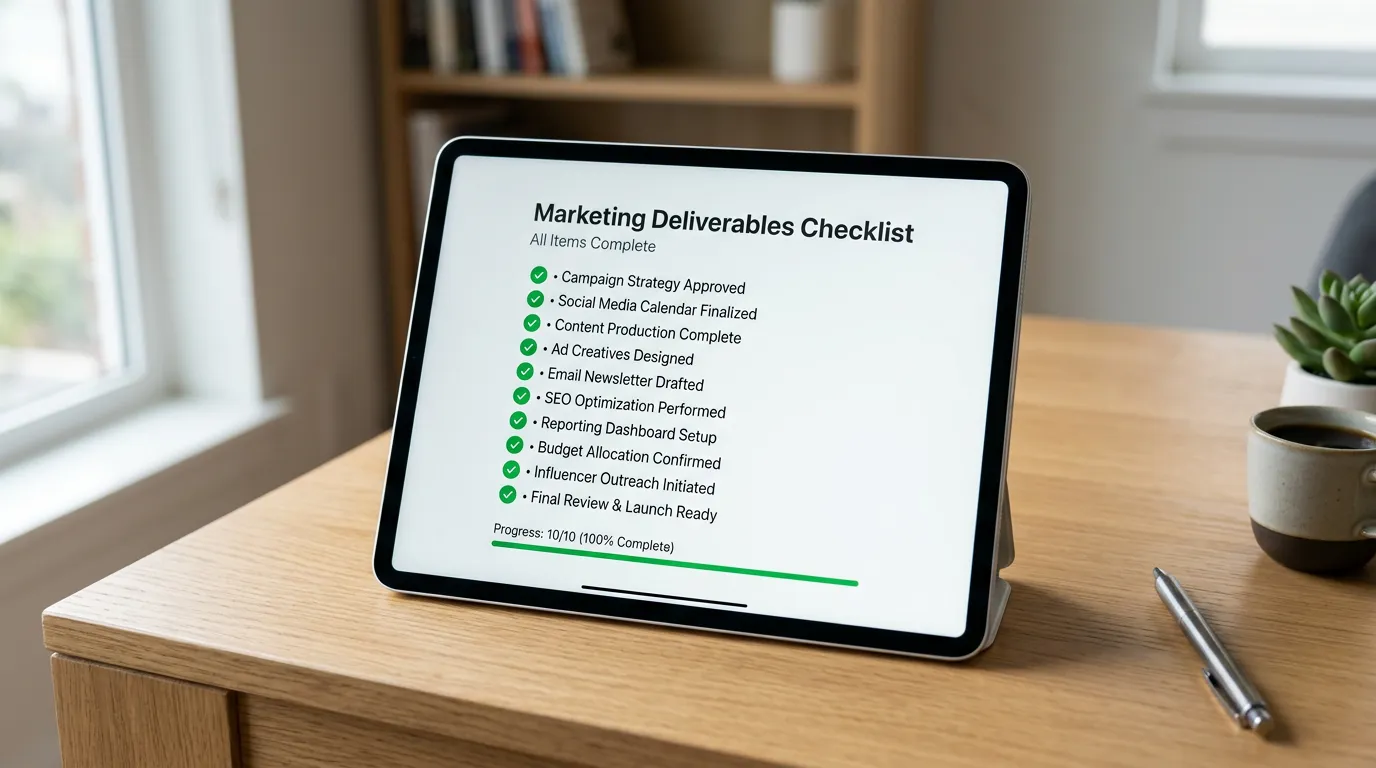 Digital checklist with all items completed showing successful marketing process delivery