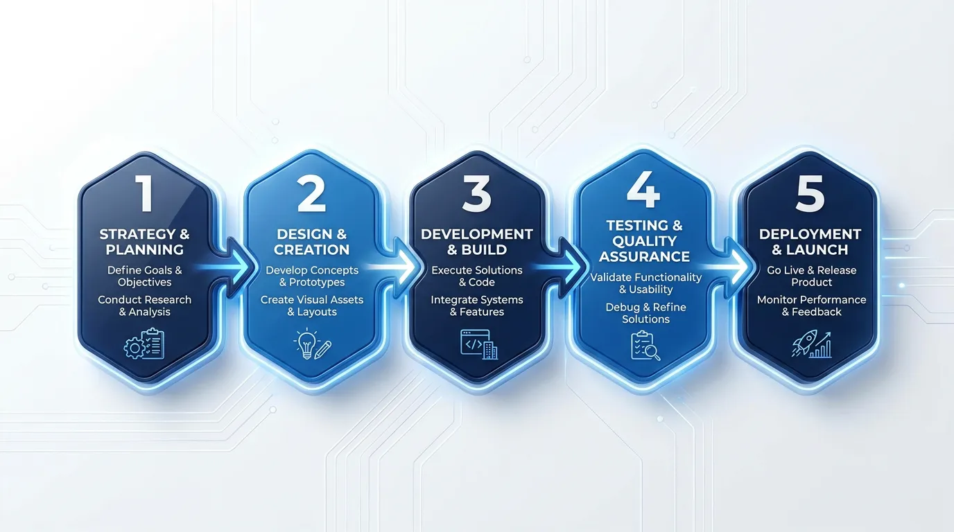 Numbered workflow diagram showing Online Website Marketing five-step process