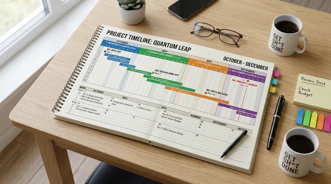 Project timeline calendar with milestone markers showing digital marketing process phases