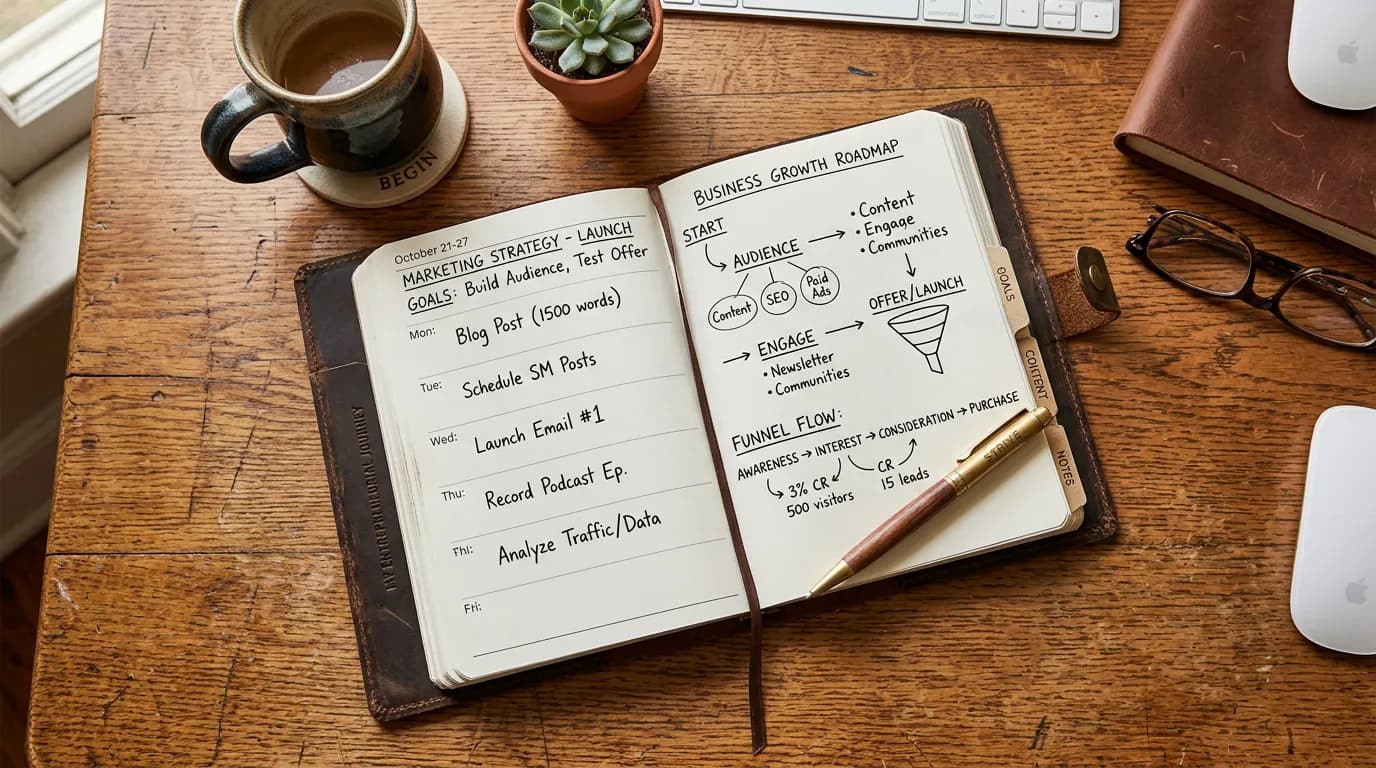Open leather journal with marketing notes representing the founding story of Online Website Marketing