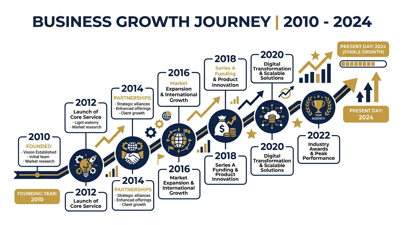 Timeline graphic illustrating the stages of a small business growing over time
