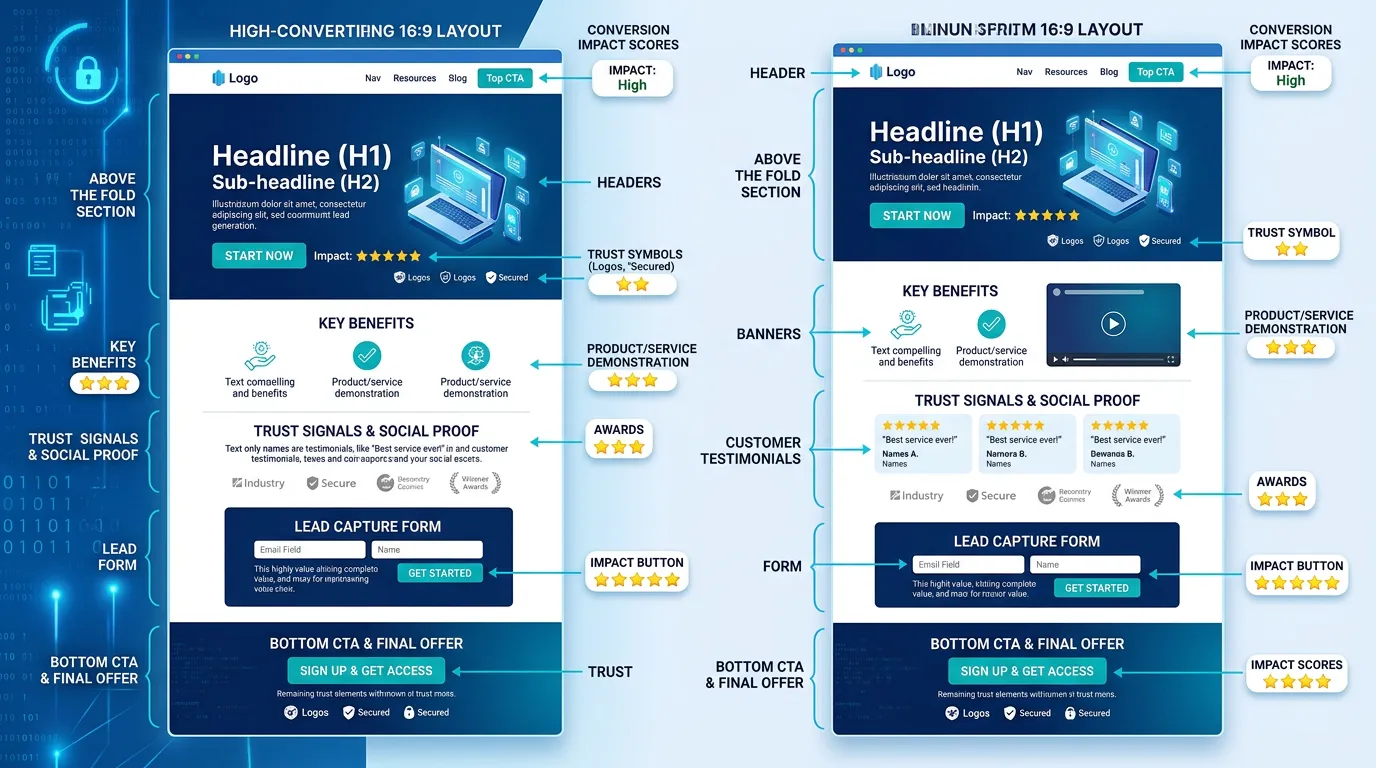 Landing page anatomy showing conversion zones and trust signals for maximum lead generation