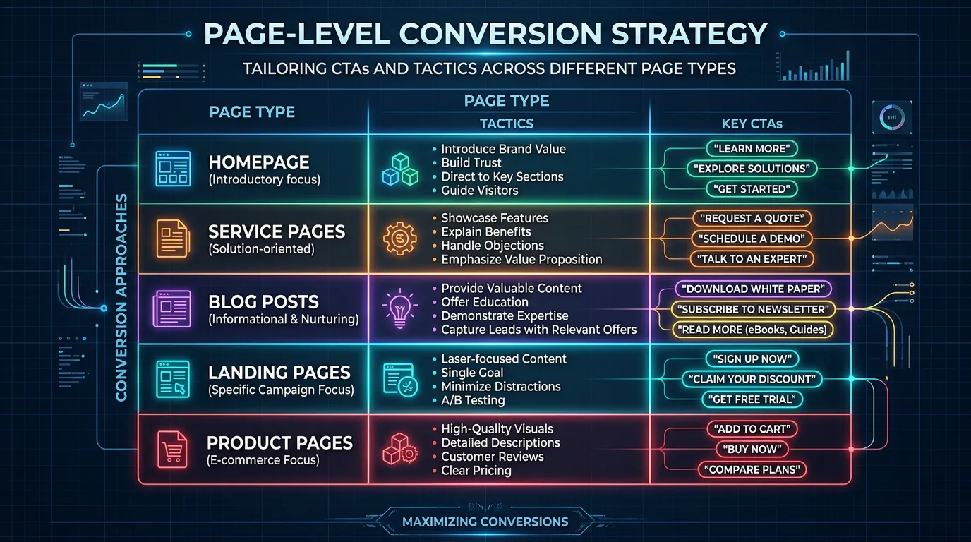 Page level conversion strategy showing different page types with tailored CTAs for each