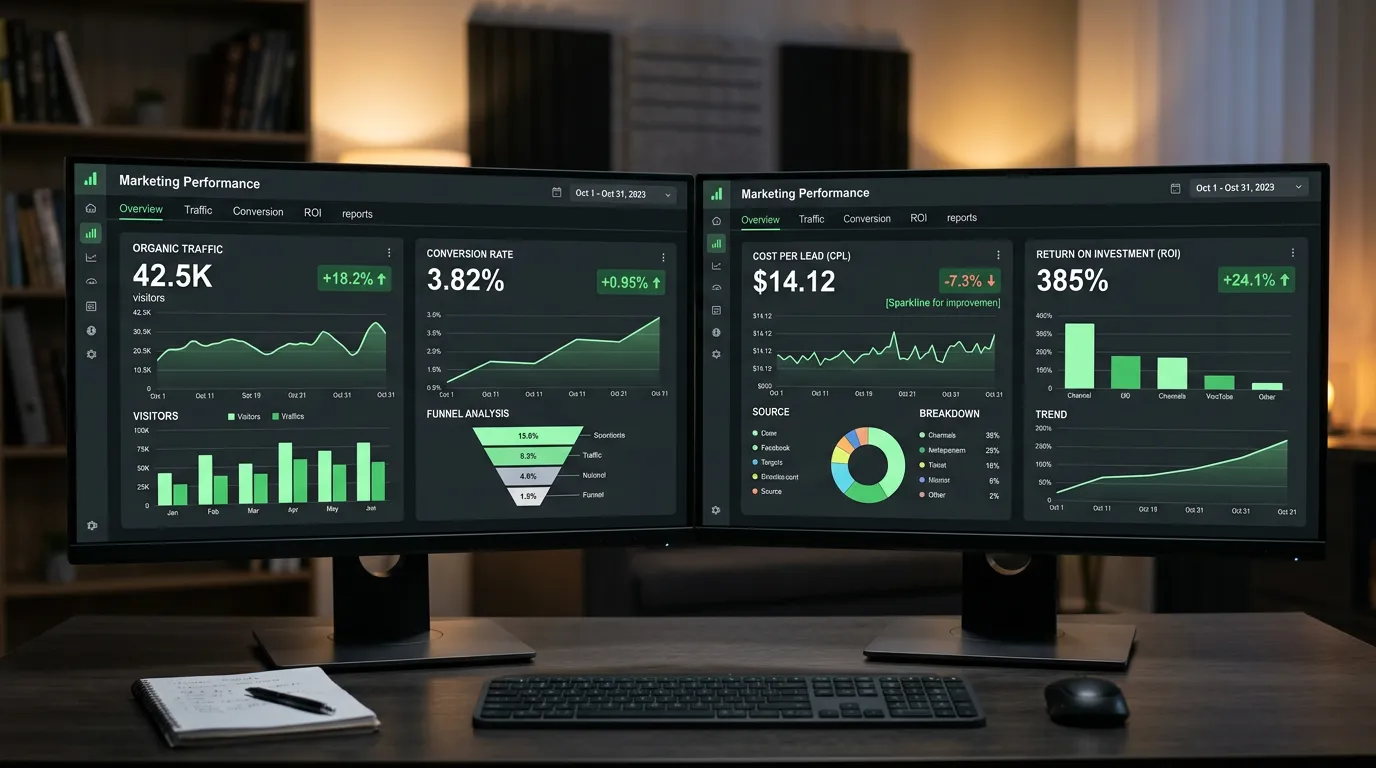 Wide dual monitor analytics dashboard showing comprehensive digital marketing performance metrics