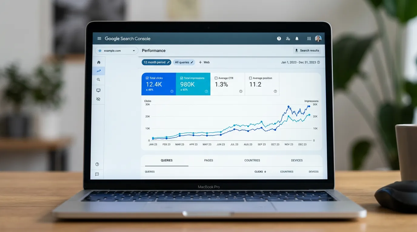 Google Search Console performance report showing rising impressions and clicks for digital marketing clients