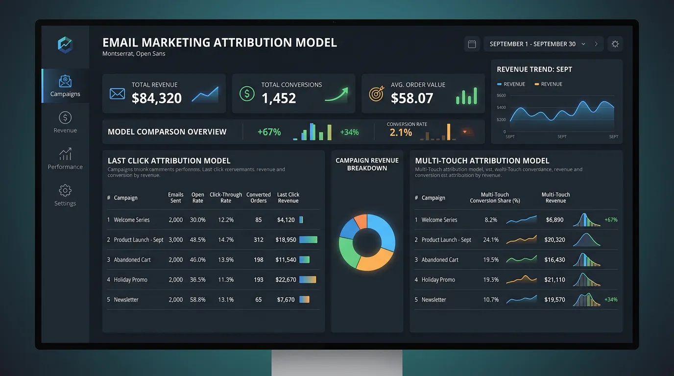 Email attribution model showing which campaigns contributed to conversions and revenue