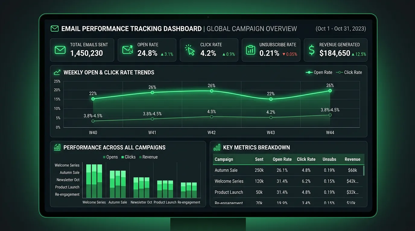 Email performance tracking dashboard showing open rate click rate and revenue per campaign