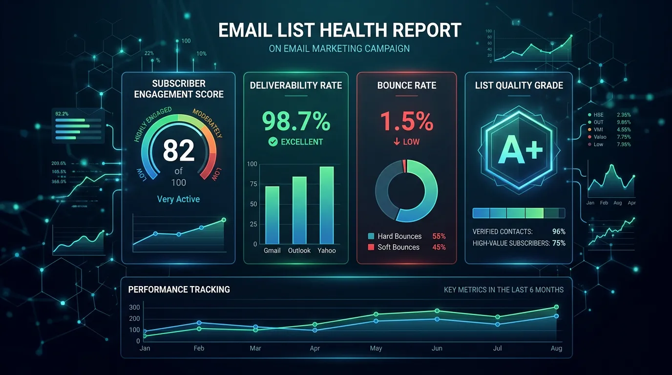 Email list health report showing subscriber engagement deliverability and list quality score