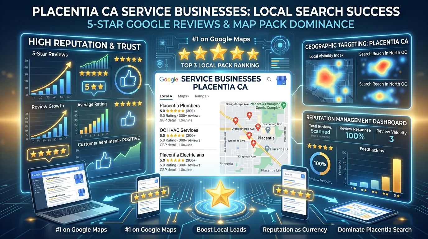 Placentia California Google Business Profile 5-star reviews and local map pack presence