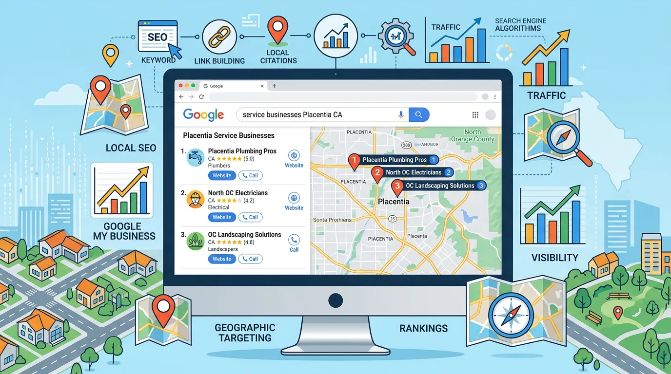 Placentia CA local SEO showing Google search map pack for service businesses in Placentia California Orange County