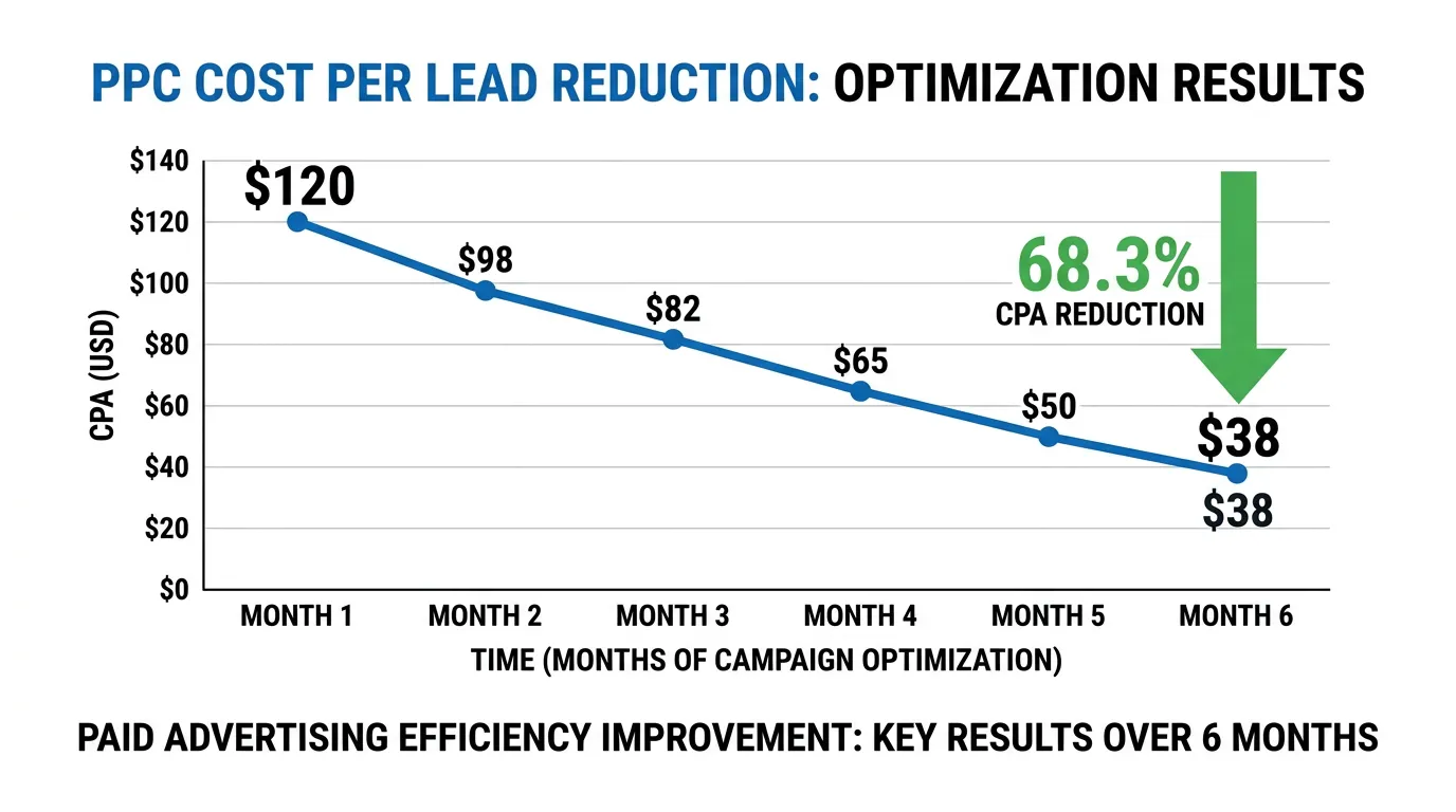 Chart illustrating cost per lead falling over six months of campaign optimization