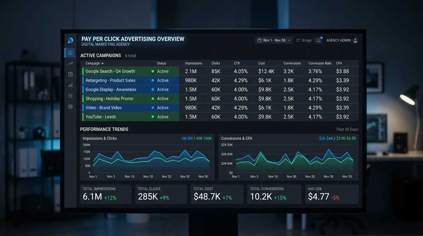 PPC advertising overview dashboard showing Google Ads campaigns with impression click and conversion metrics active