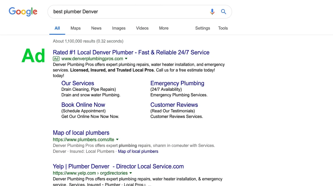 Google Ads search result showing paid ad in position one for local service keyword with ad label and site links