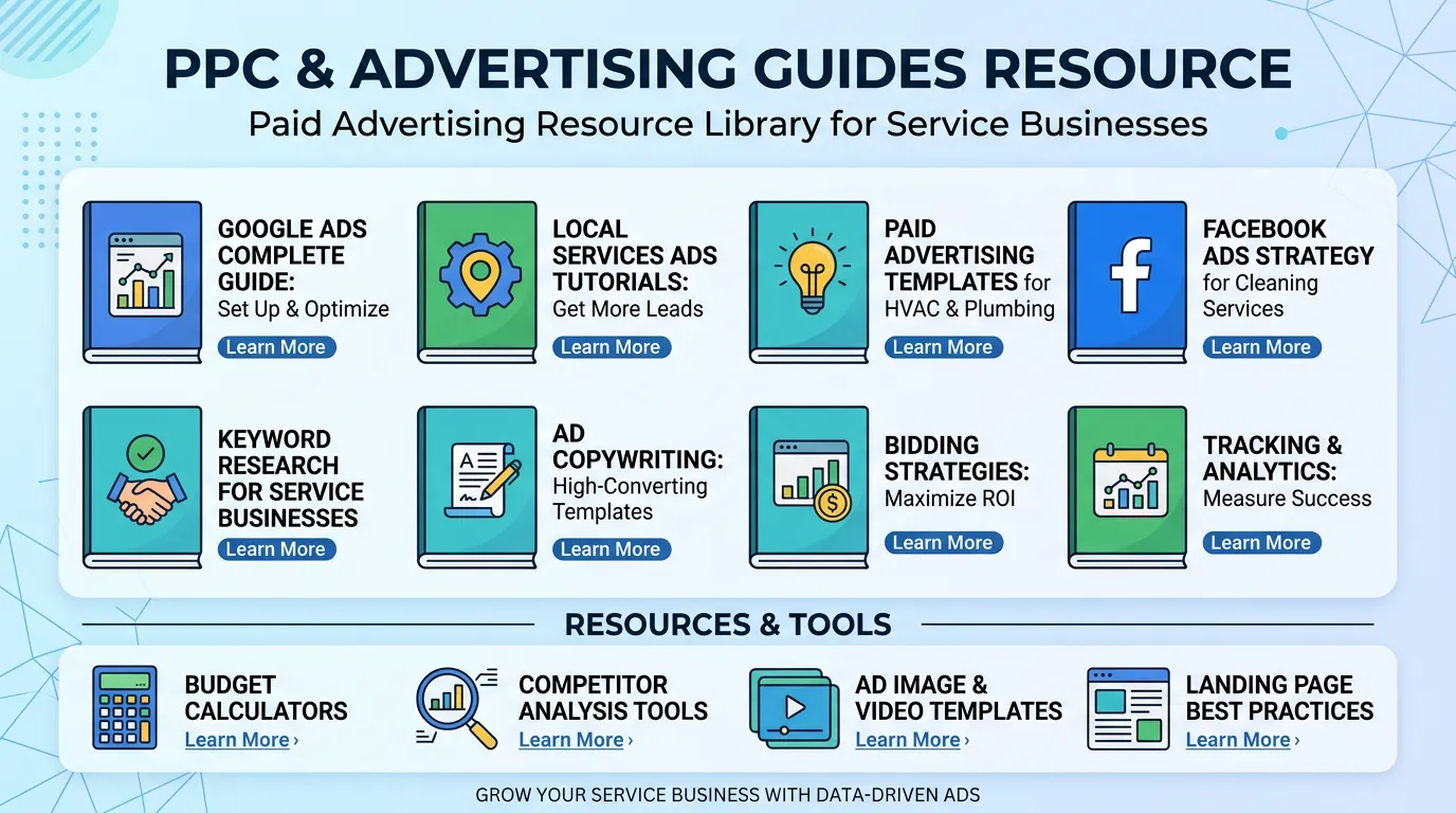 PPC and advertising guides showing collection of Google Ads guides Local Services Ads tutorials and paid advertising templates