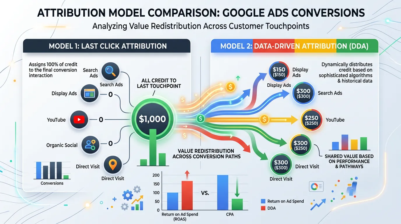 Attribution model comparison showing last click versus data-driven attribution for Google Ads conversion value distribution