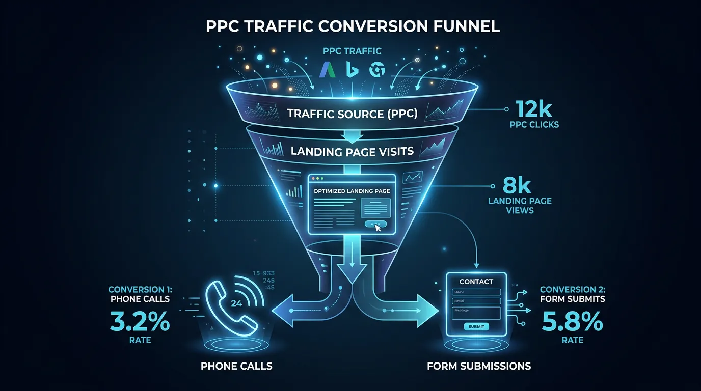 PPC conversion funnel showing paid traffic flowing to landing page with phone call and form submit conversion outcomes