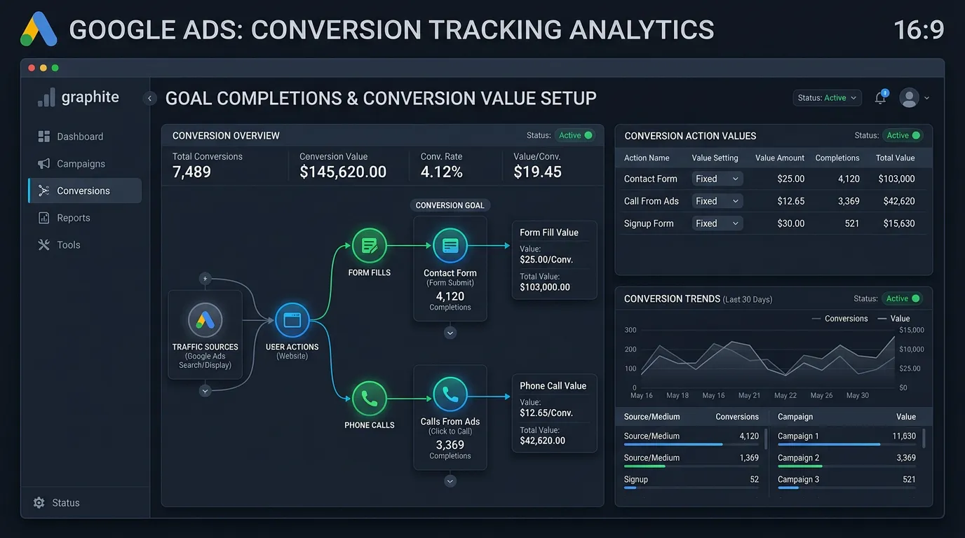 Google Ads conversion tracking showing goal completions connected to form fills and phone calls with value assigned to each