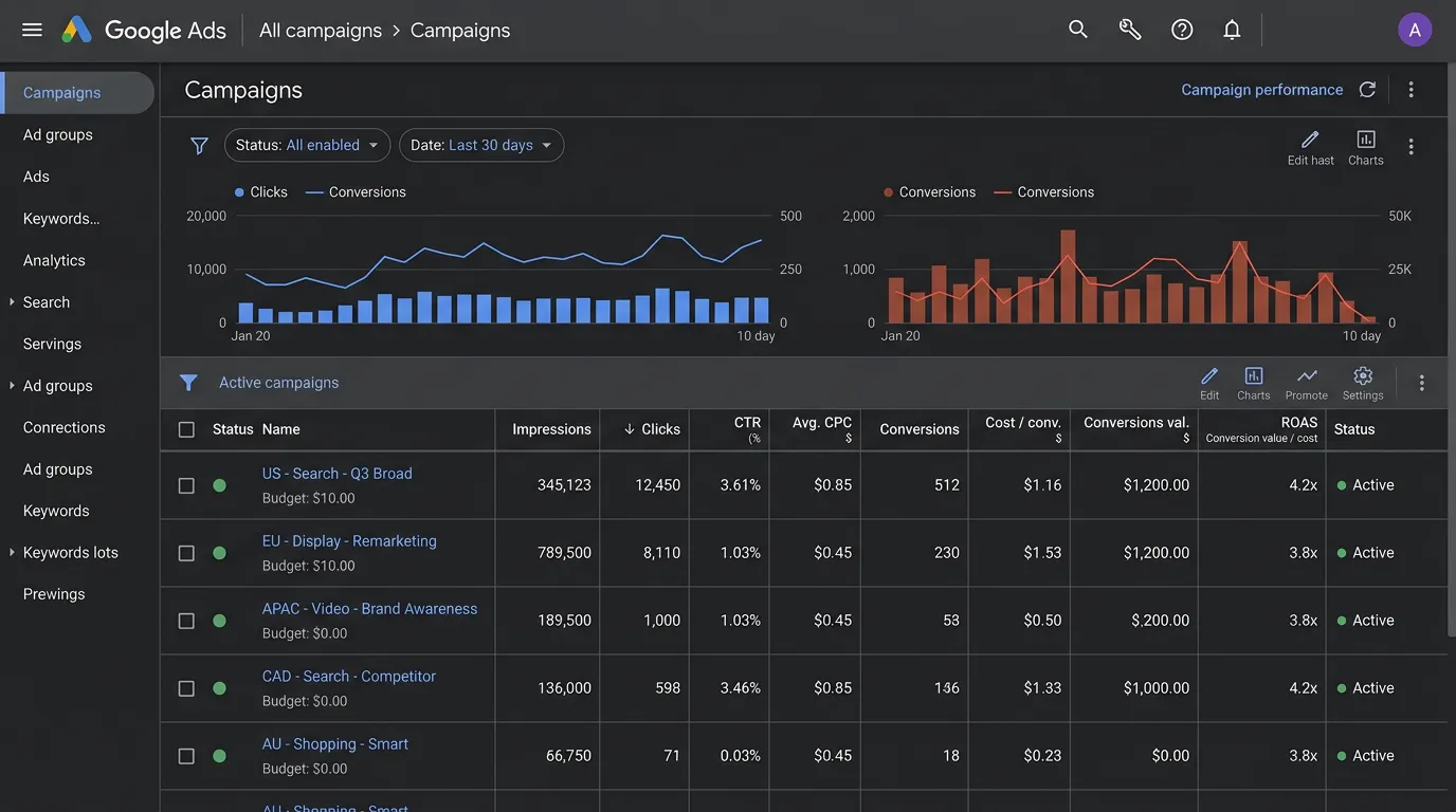 Google Ads management interface showing campaign performance metrics impressions clicks CTR CPC conversions and ROAS