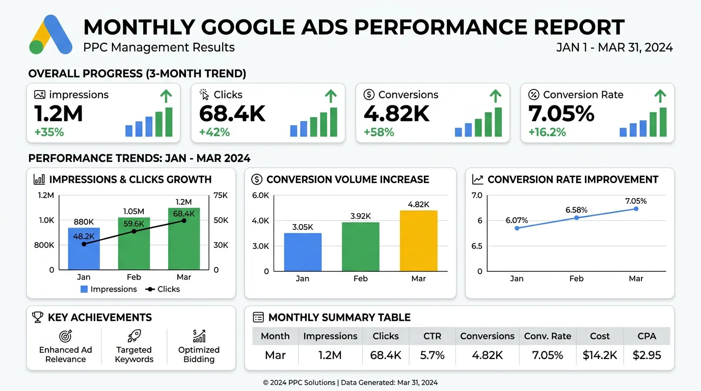Monthly Google Ads performance report showing 3 month campaign improvements in impressions clicks and conversion rate