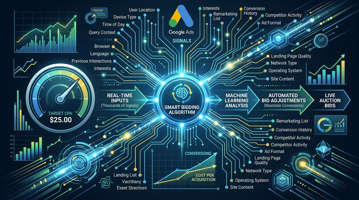 Google Ads smart bidding algorithm visualization showing target CPA and machine learning optimizing bids in real time