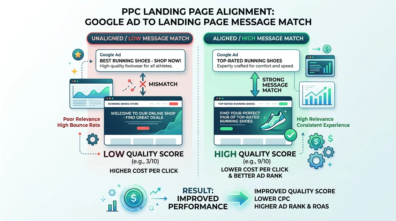 Landing page and Google Ad alignment diagram showing message match between ad headline and landing page with quality score