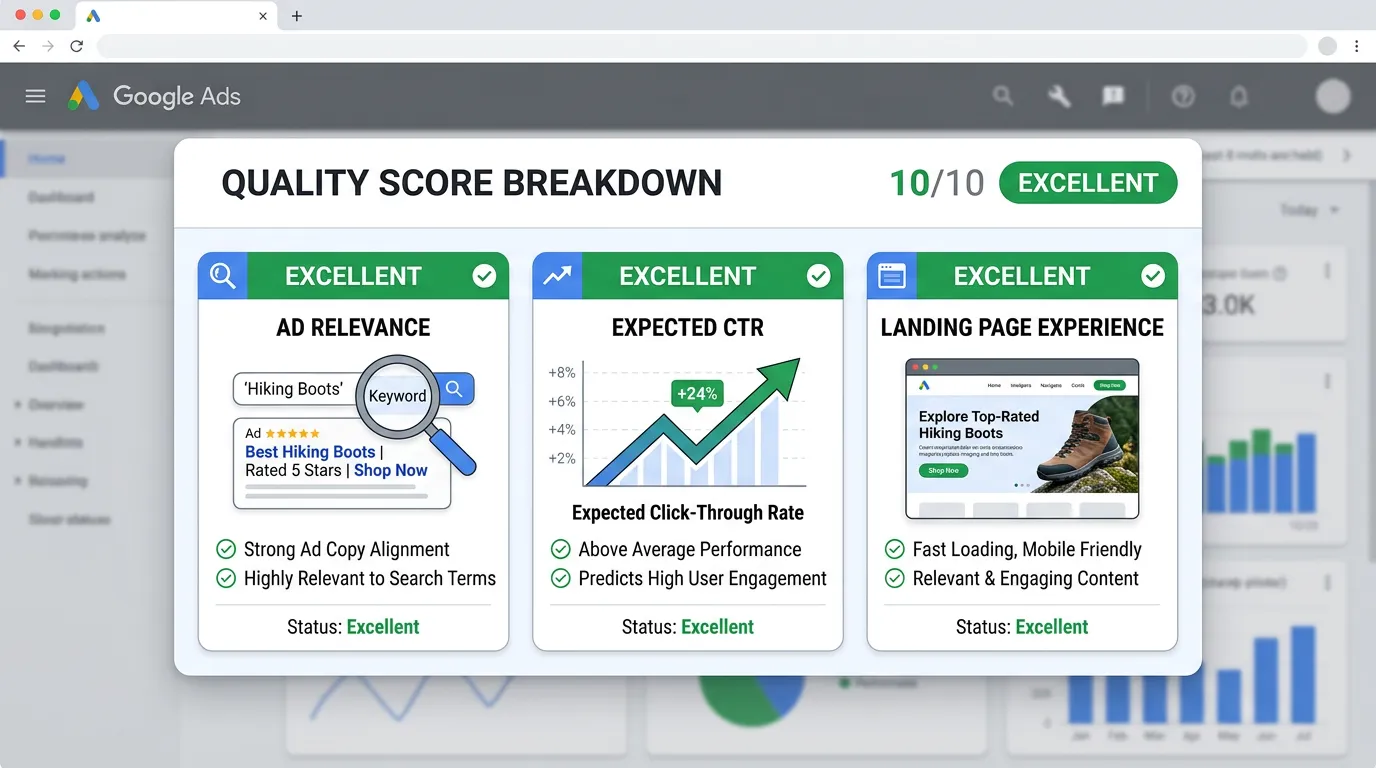 Landing page quality score breakdown showing ad relevance expected CTR and landing page experience all at excellent level