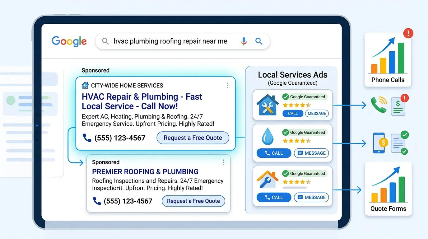 PPC for local service businesses showing Google Ads driving phone calls with call extension for HVAC plumbing roofing
