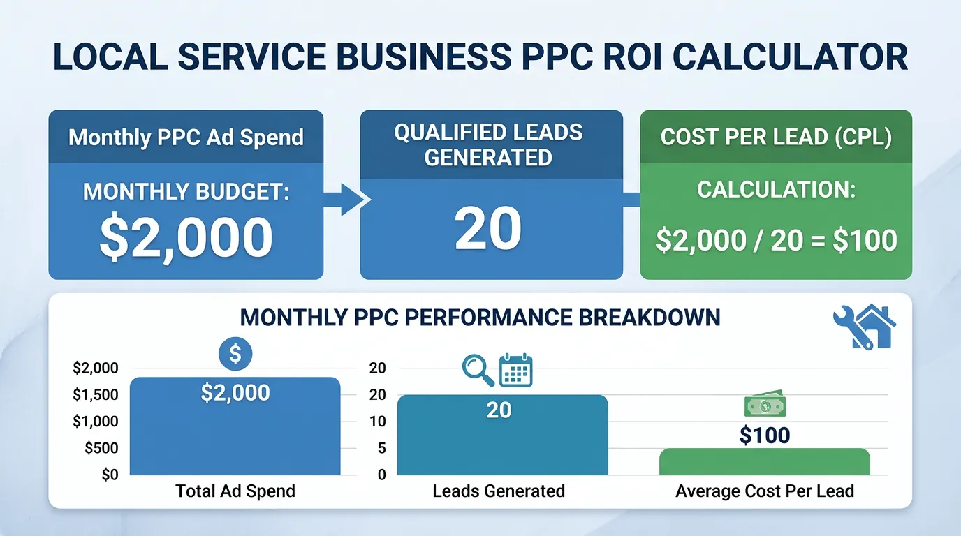 Local service business PPC ROI calculator showing 2000 monthly ad spend generating 20 qualified leads at 100 dollar CPL