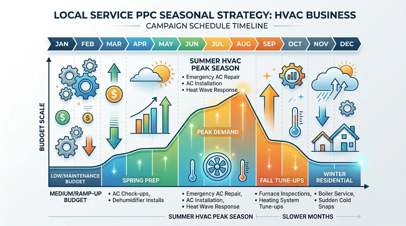 Seasonal PPC strategy showing budget scaling up in peak season and reduced in slower months with campaign schedule
