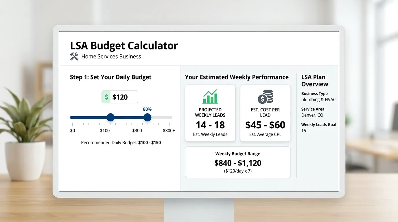 Local Services Ads budget calculator showing daily budget setting with projected weekly leads and cost per lead estimate