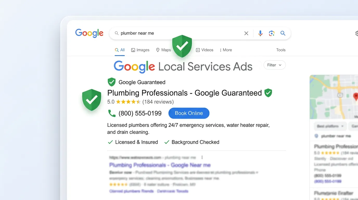 Google Local Services Ads showing Google Guaranteed badge at top of search results for local home service company