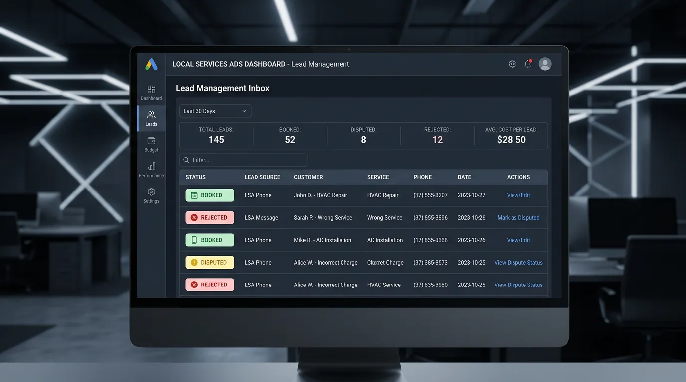 Local Services Ads dashboard showing lead management inbox with booked disputed and rejected leads tracked