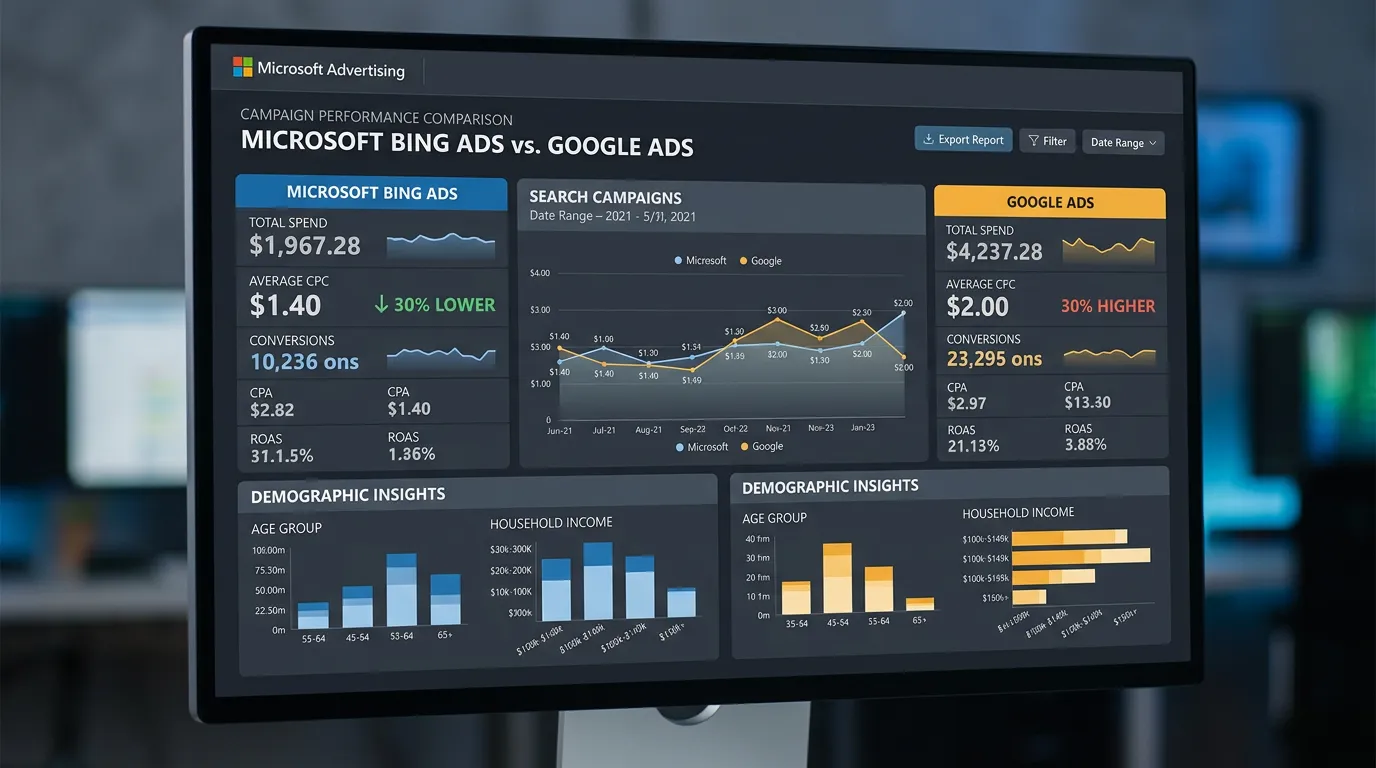 Microsoft Bing Ads interface showing campaigns alongside Google Ads with lower CPC and older higher income demographic