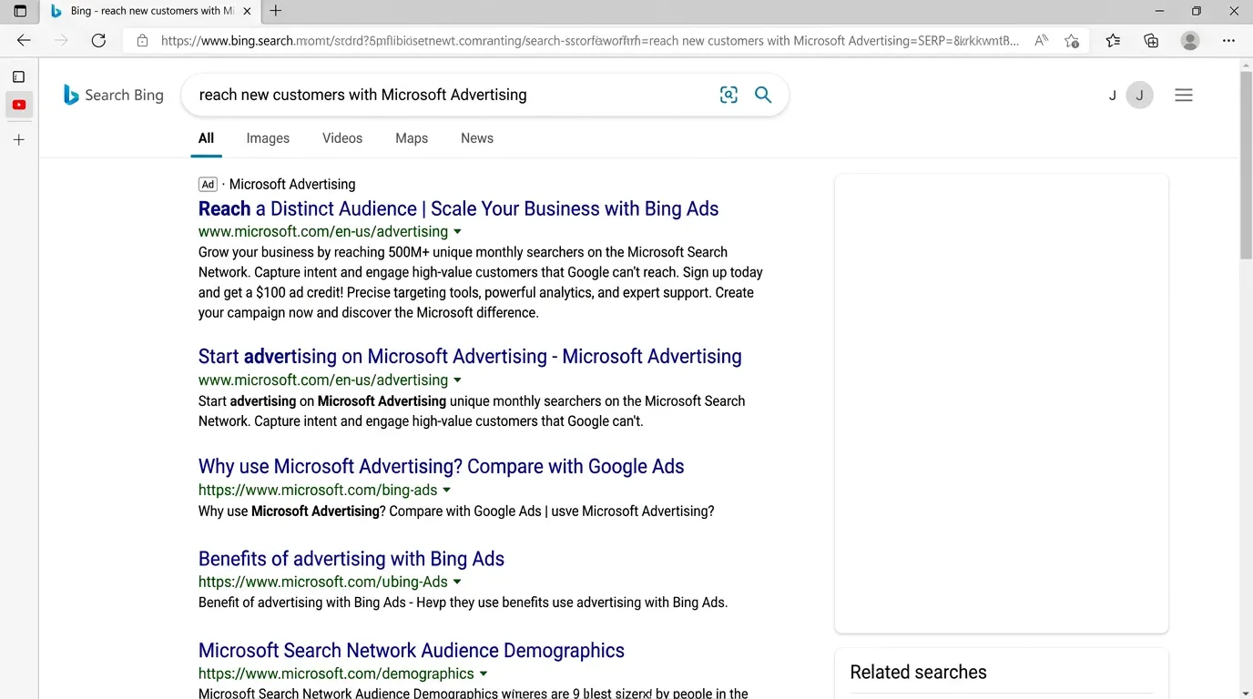 Bing search result showing paid ad in top position with Microsoft Advertising label reaching distinct audience from Google
