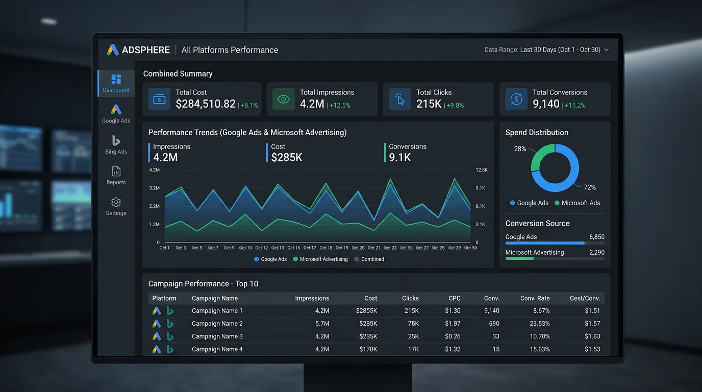 Multi-platform advertising dashboard showing Google Ads and Bing Ads running together with combined performance metrics