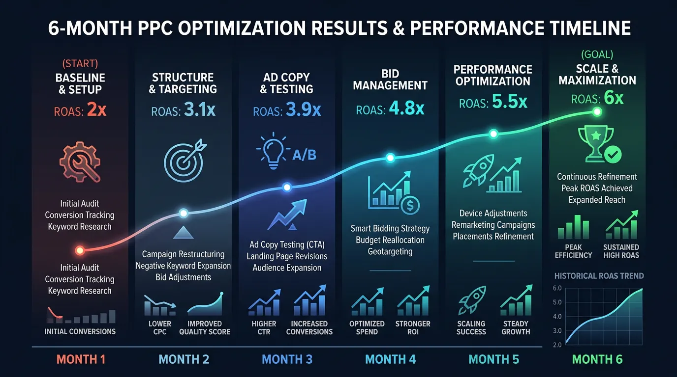 Timeline illustrating return on ad spend over six months of ongoing management