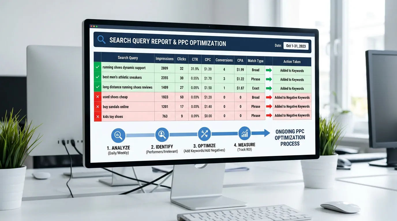 Search query report showing high performing terms added to keywords and irrelevant queries added to negative keywords