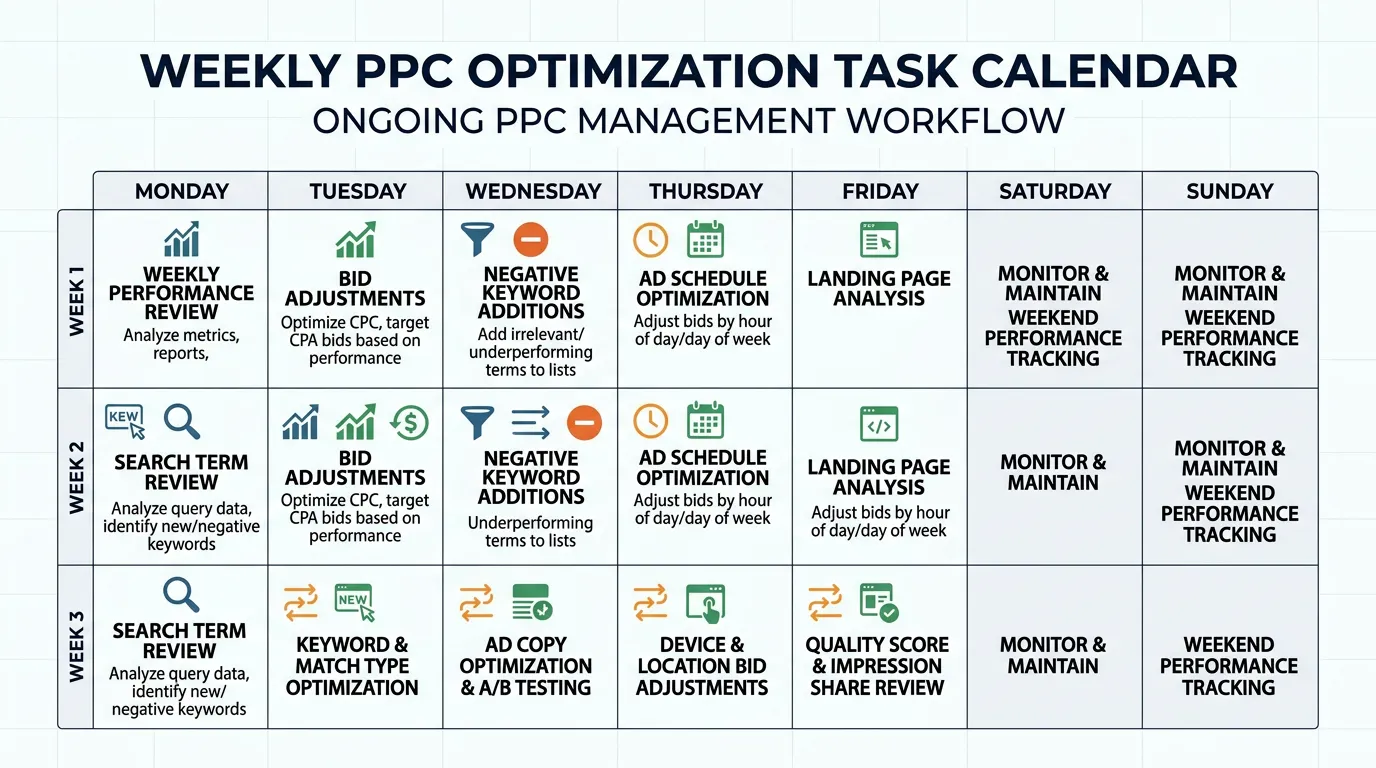 PPC optimization weekly task calendar showing search term review negative keywords bid adjustments and ad schedule tasks