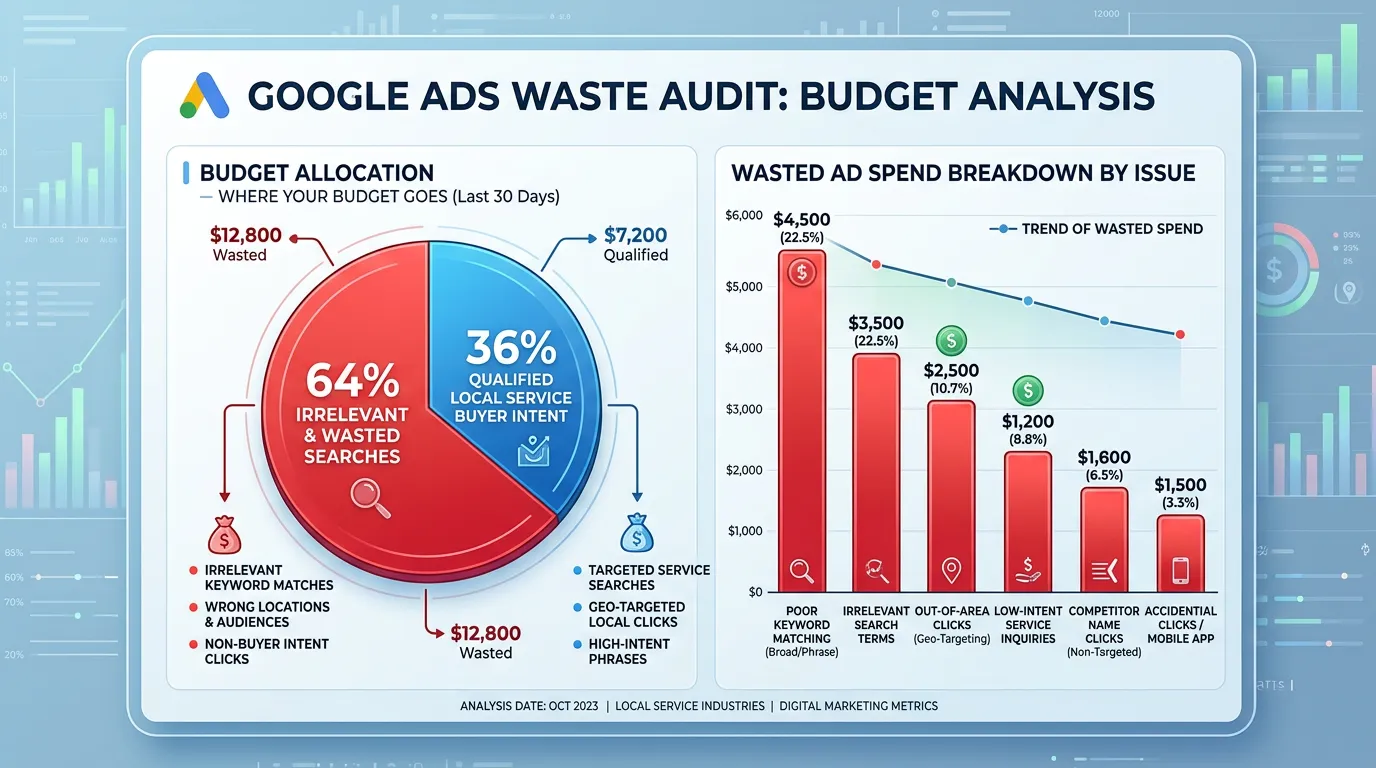PPC waste audit showing percentage of Google Ads budget going to irrelevant versus qualified buyer intent searches