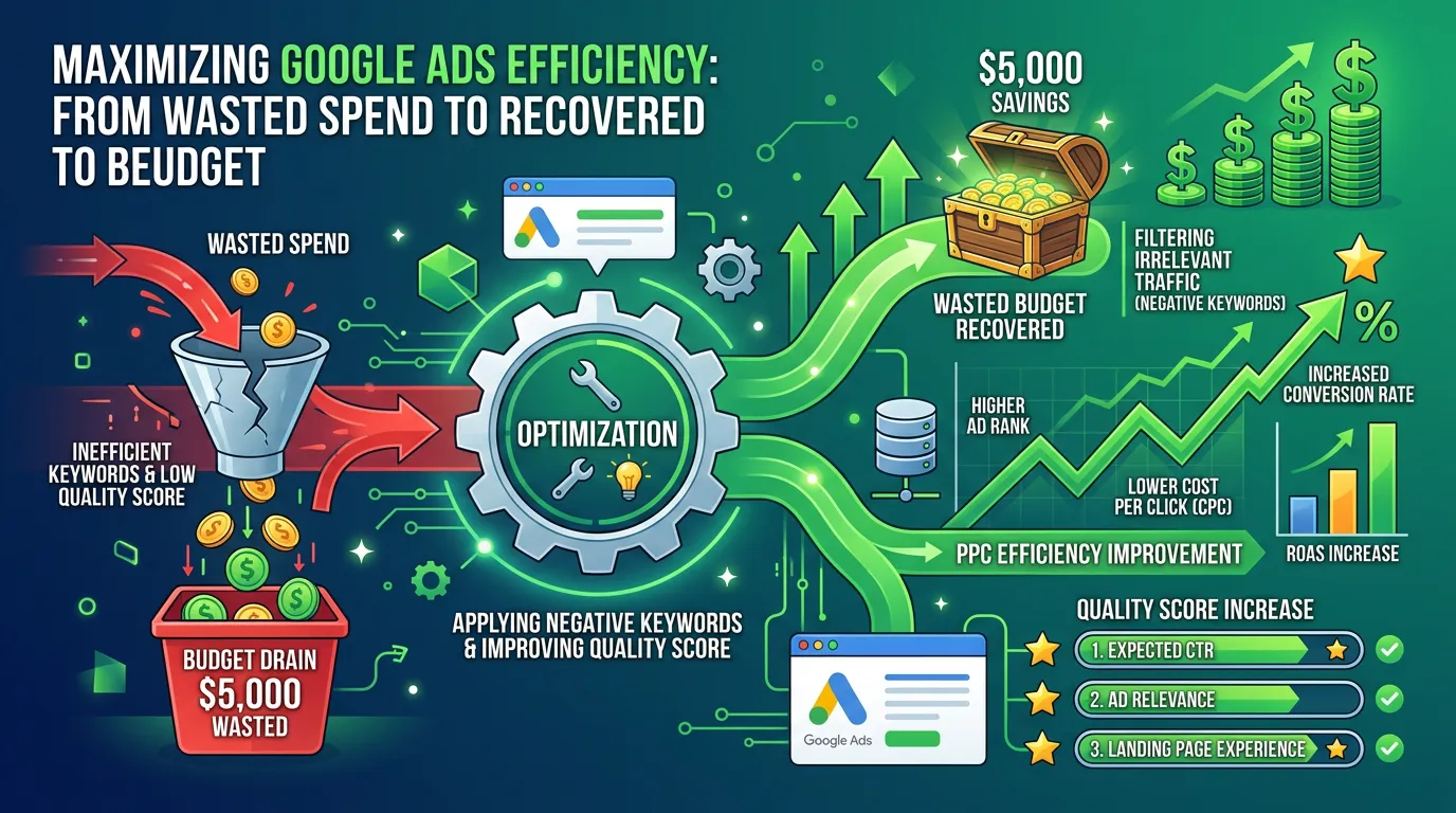Google Ads optimization saving wasted spend by adding negative keywords and improving quality scores