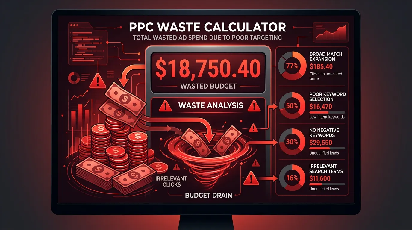 PPC waste calculator showing wasted ad spend from poor keyword targeting broad match and no negative keywords