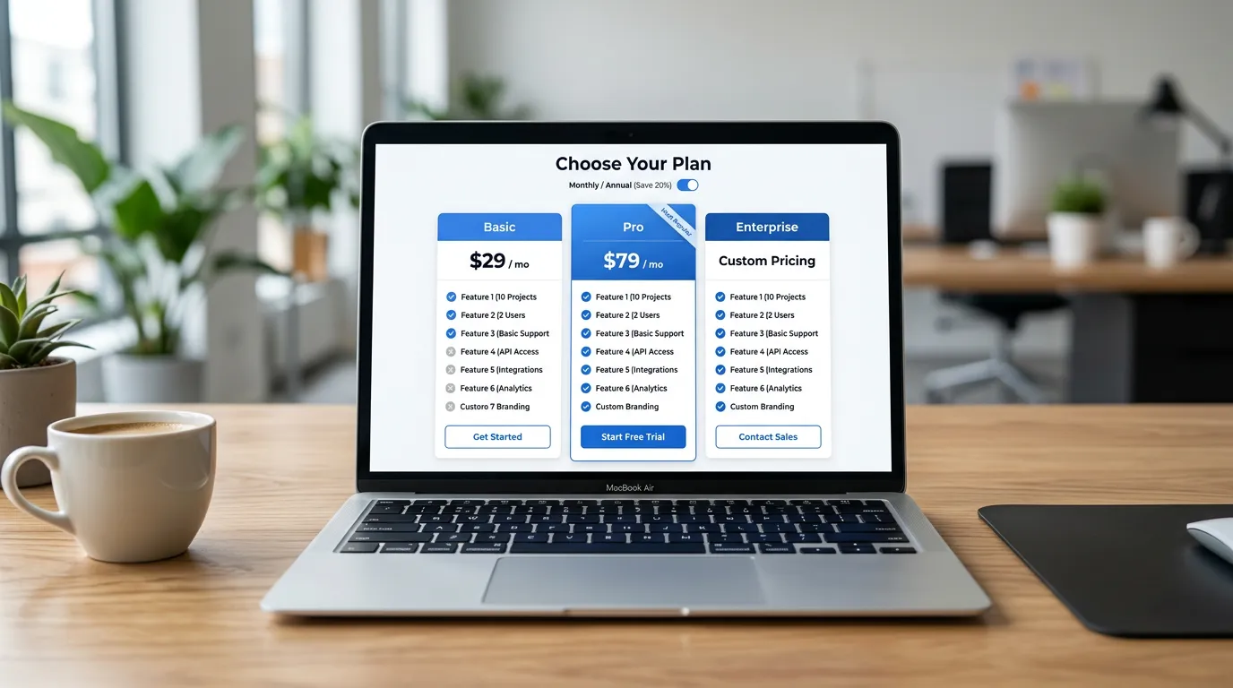 Digital marketing package pricing comparison table showing three tiers for Online Website Marketing