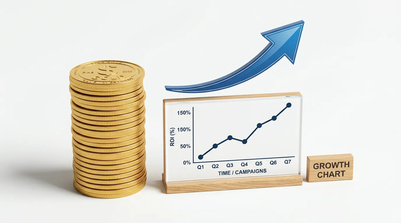 Gold coins stacked beside a rising bar chart, illustrating marketing budget set against return