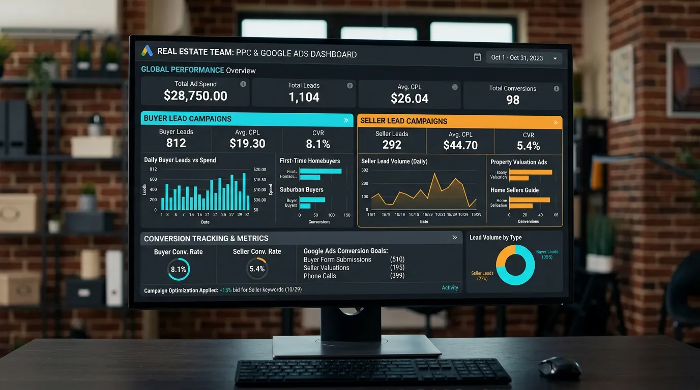 Real estate team PPC Google Ads dashboard showing buyer and seller lead campaigns with conversion tracking
