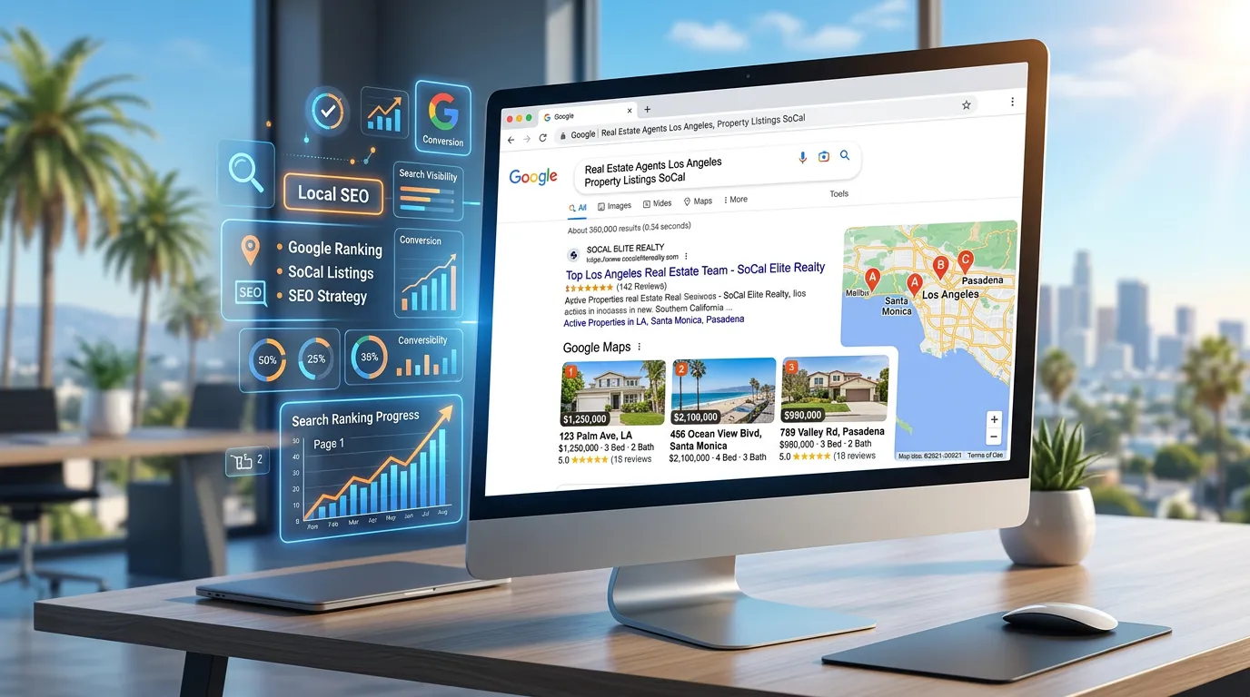 Real estate agent SEO showing property listings ranking on Google for Southern California searches
