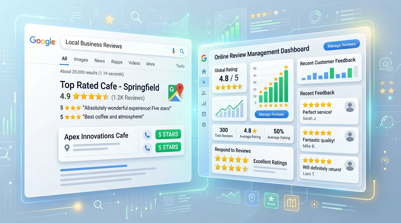 Five star Google reviews appearing in search results alongside business listing with positive rating indicators